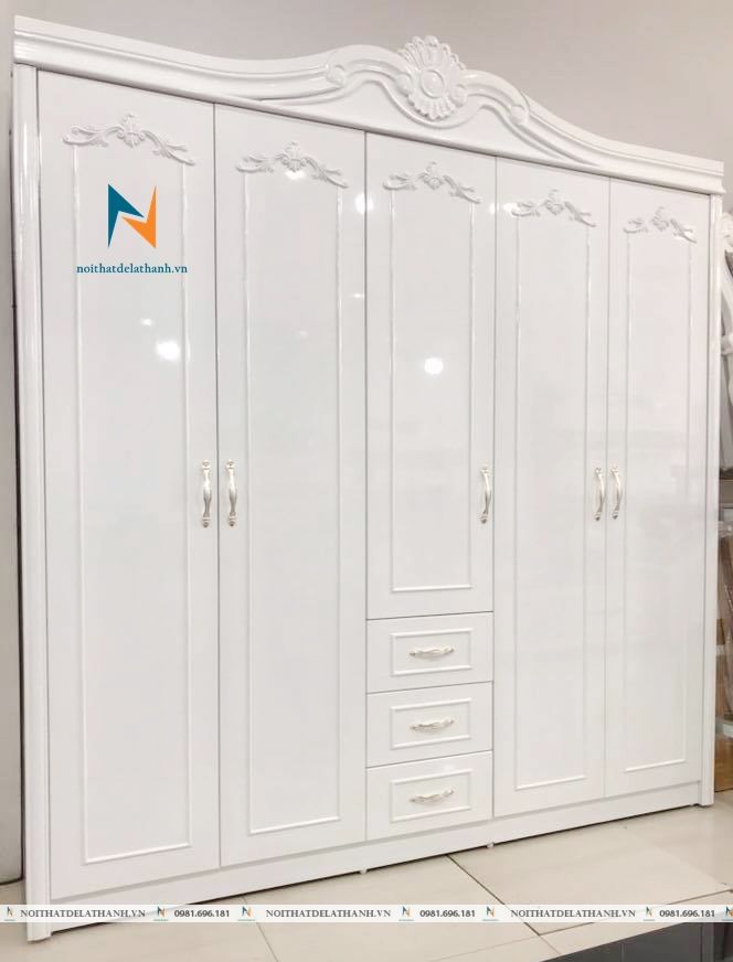 Tủ quần áo gỗ công nghiệp sơn trắng 5 cảnh